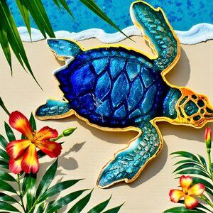 William Spear Design Enamel Lacquer Sea Turtle Brooch Vintage 1988